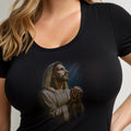 Jesus praying with rosary beads on a black t-shirt.
