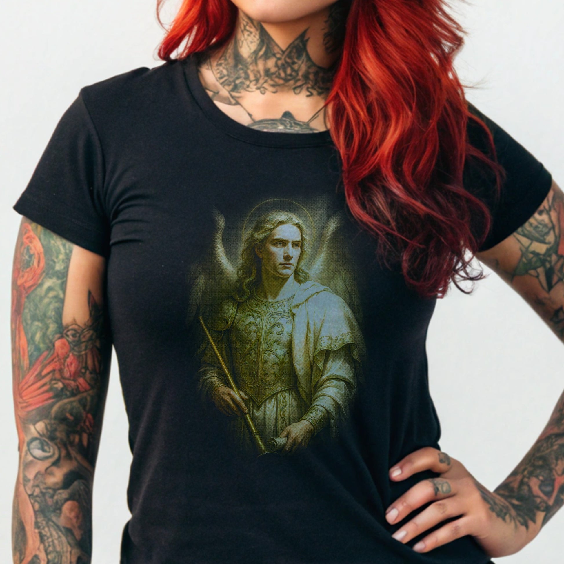 Black t-shirt featuring an angel with blond hair and golden armor.
