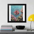 Oil painting of a red and white striped lionfish swimming amongst coral reefs.
