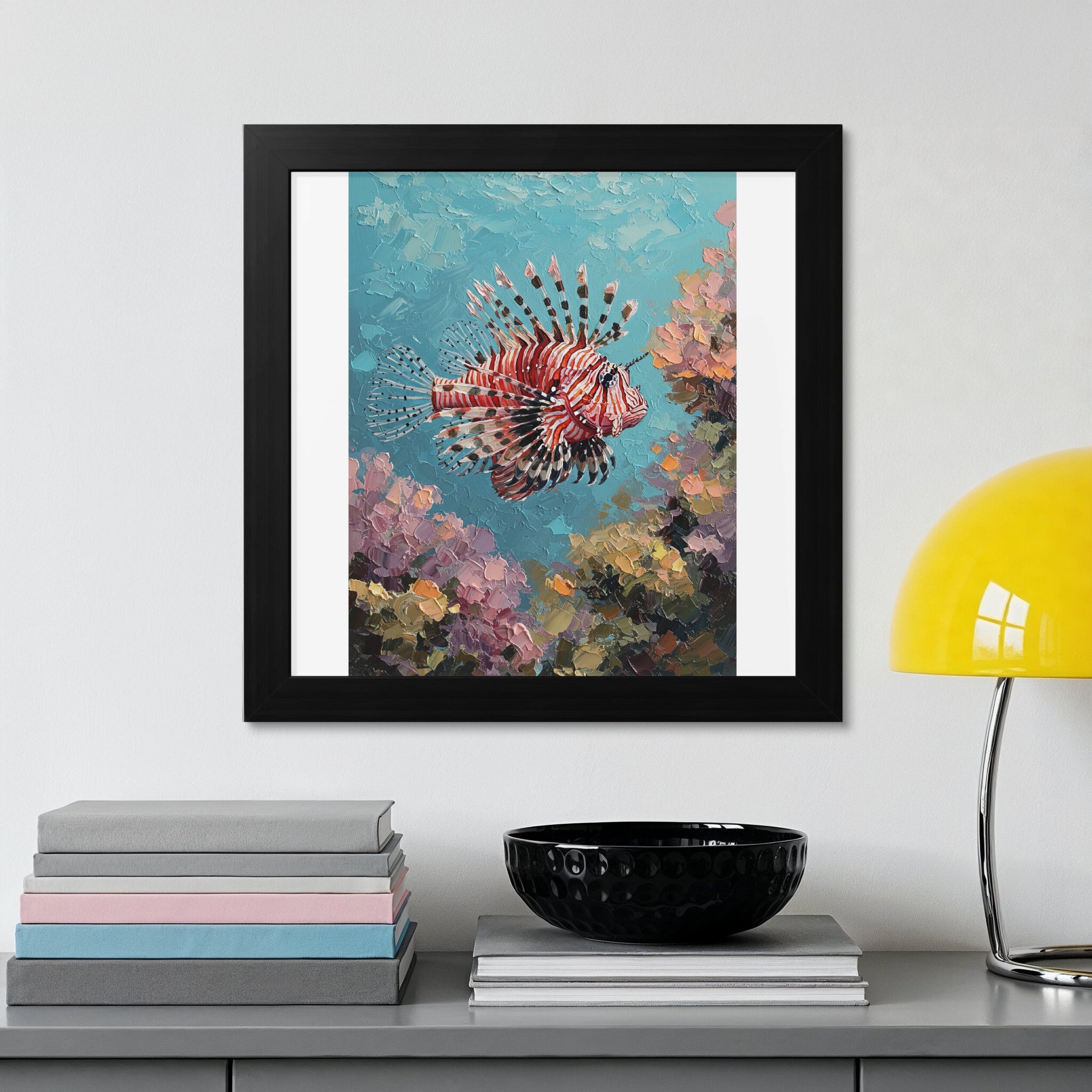 Oil painting of a red and white striped lionfish swimming amongst coral reefs.