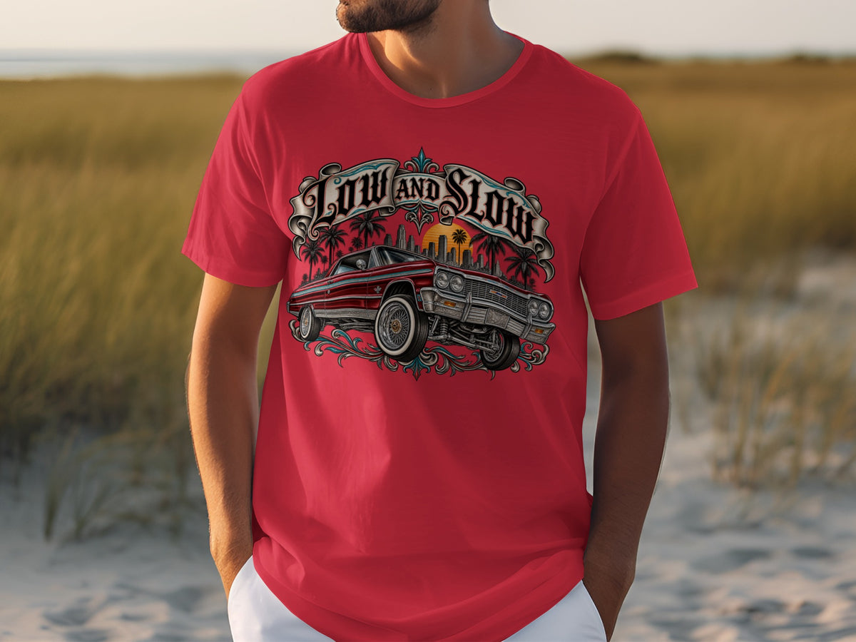 Red t-shirt with "Low and Slow" text and classic red lowrider car graphic.