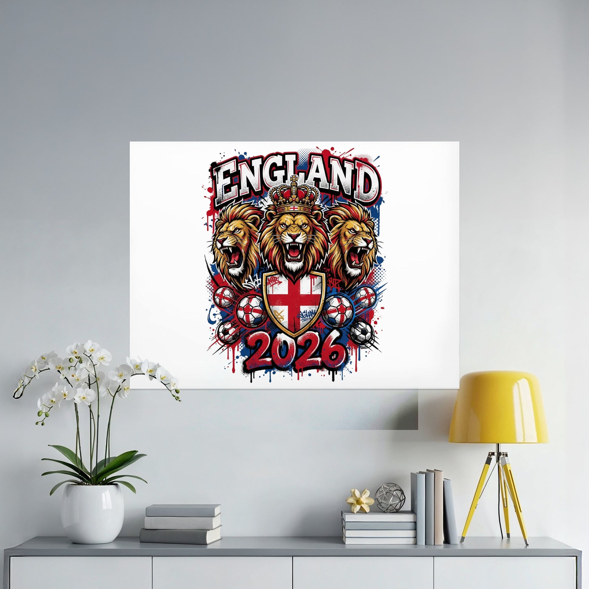 Three lions wearing crowns stand over England crests and soccer balls.