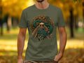 Green t-shirt featuring a stylized Aztec feathered serpent and pyramid.
