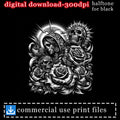 Digital download, halftone illustration of skulls, roses, and a figure with a halo.