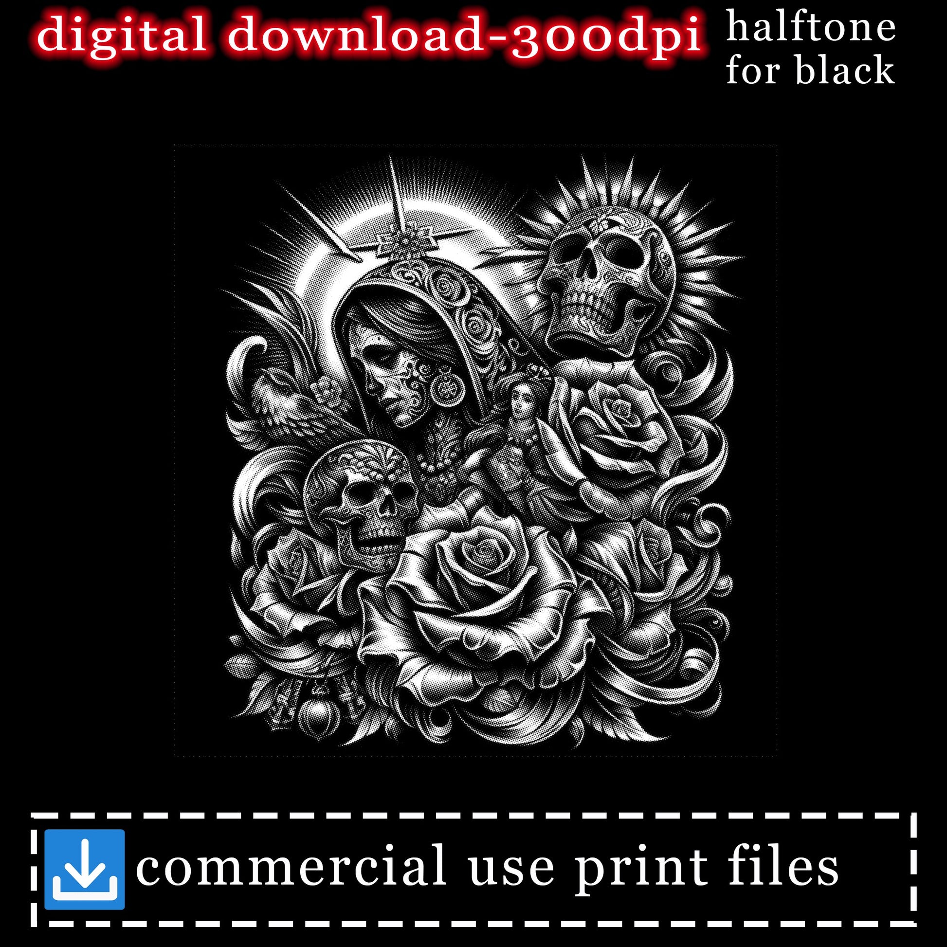 Digital download, halftone illustration of skulls, roses, and a figure with a halo.