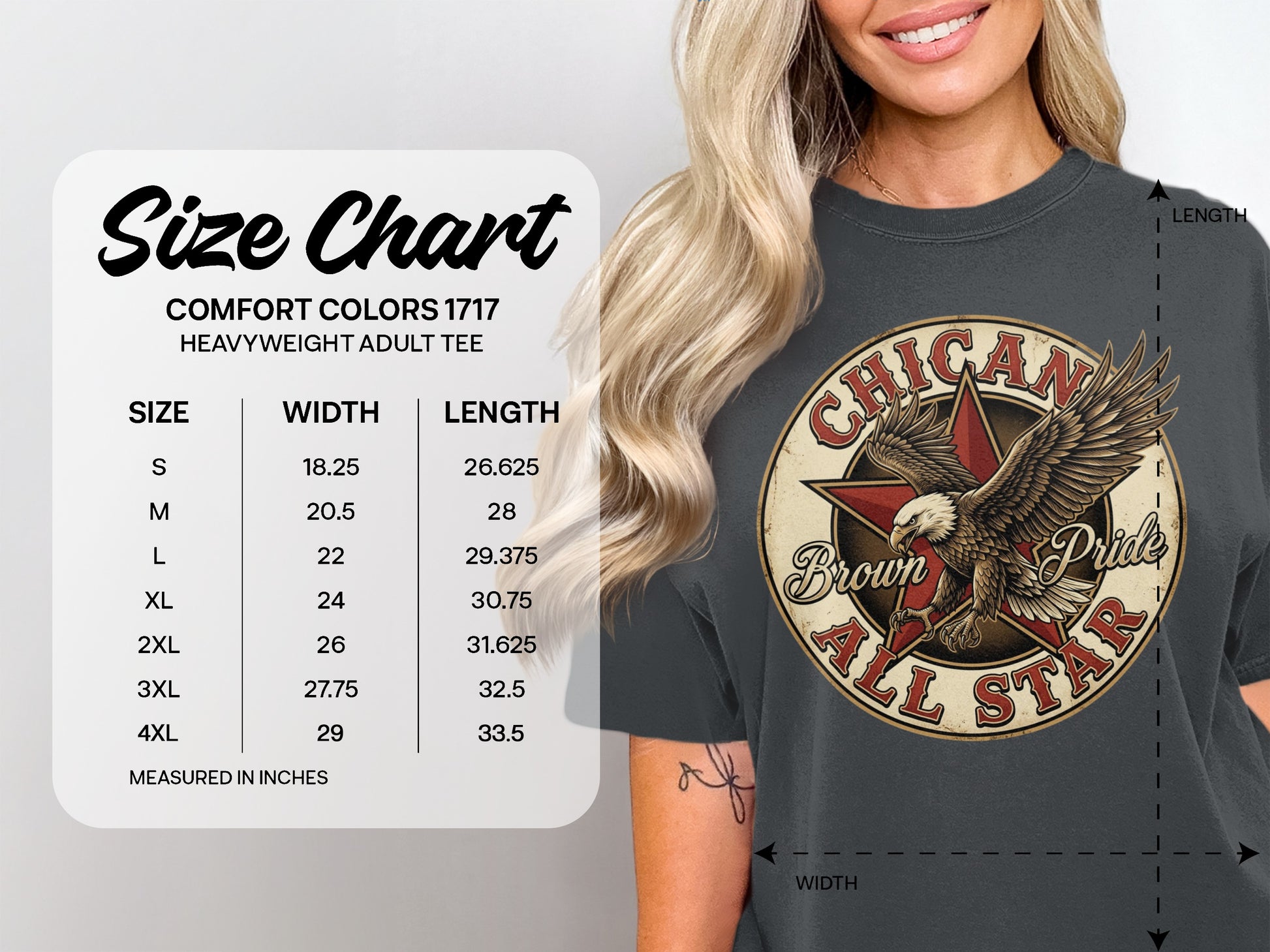 Comfort Colors 1717 Heavyweight Adult Tee size chart with width and length measurements.