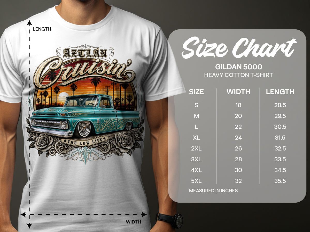 T-shirt with "Aztlan Cruisin" graphic and size chart for Gildan 5000 heavy cotton t-shirt.