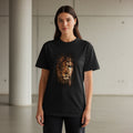 Black t-shirt featuring a split portrait of a lion's face with human features.