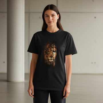 Black t-shirt featuring a split portrait of a lion's face with human features.