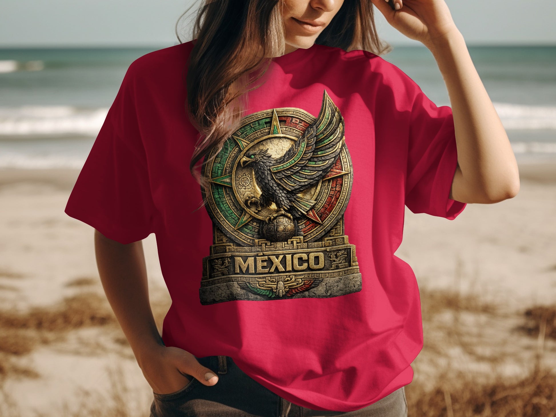 Crimson t-shirt with a circular emblem featuring an eagle and "MEXICO" text.