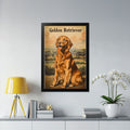 Golden Retriever dog sitting in a field, framed artwork.