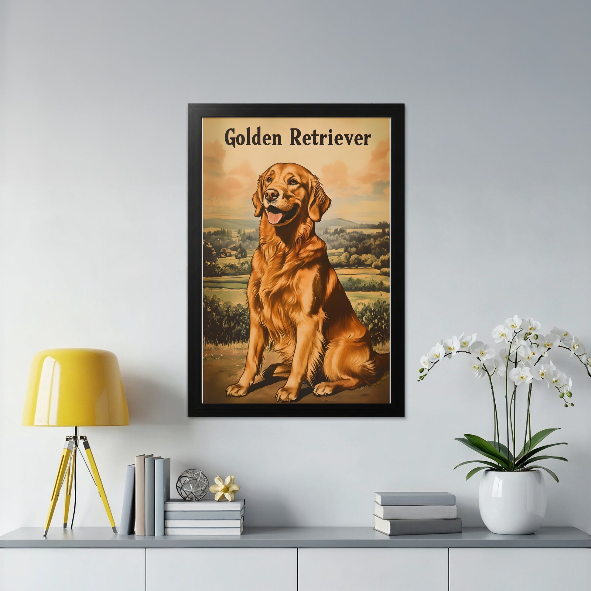 Golden Retriever dog sitting in a field, framed artwork.