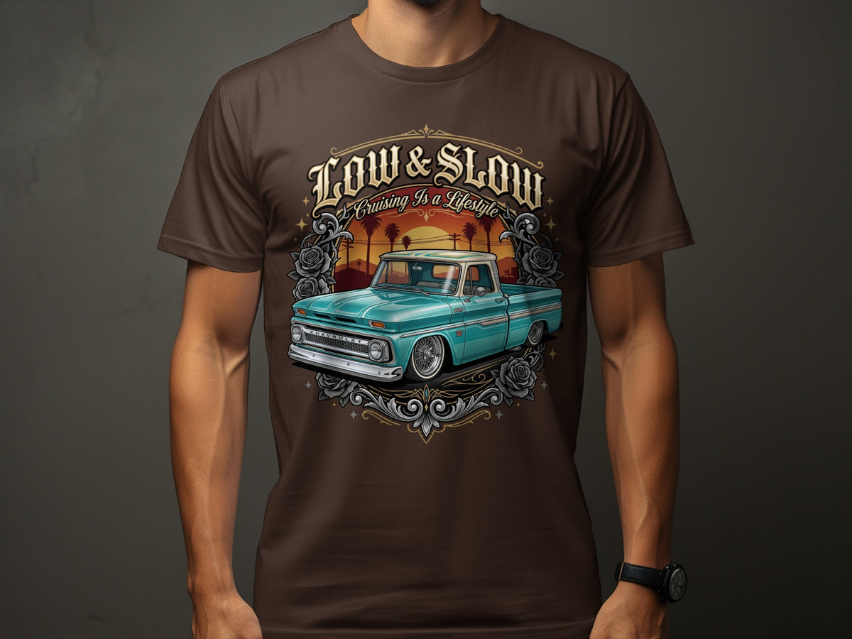 Graphic tee with vintage teal pickup truck, roses, and text "Low & Slow".