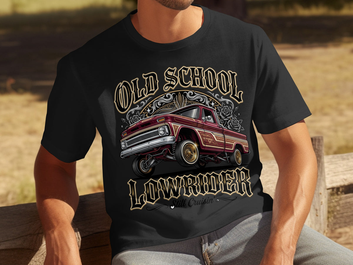 Black t-shirt graphic with vintage lowrider truck and text "OLD SCHOOL LOWRIDER".