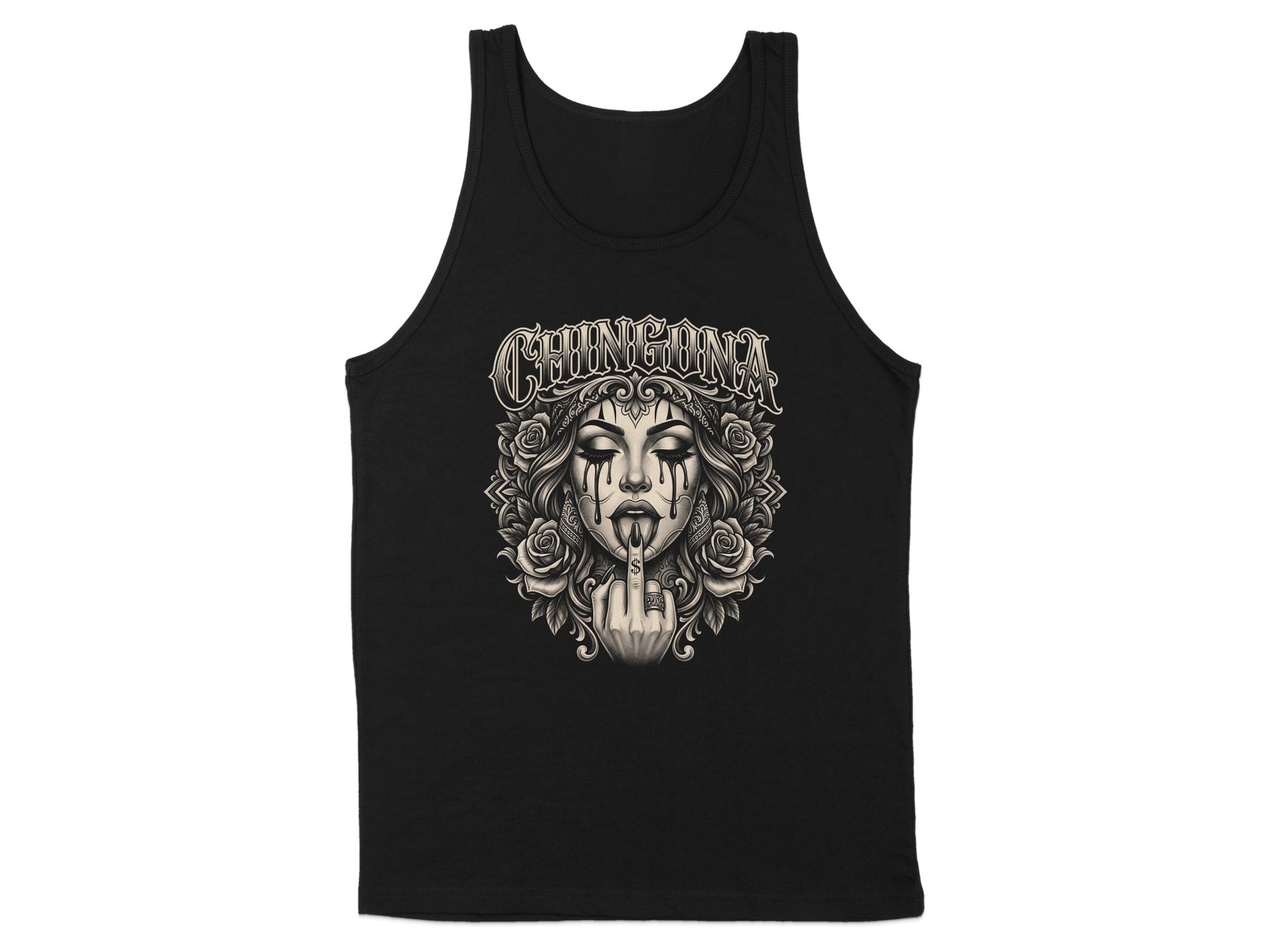 Black tank top with "CHINGONA" text and a woman with roses and tattoos.