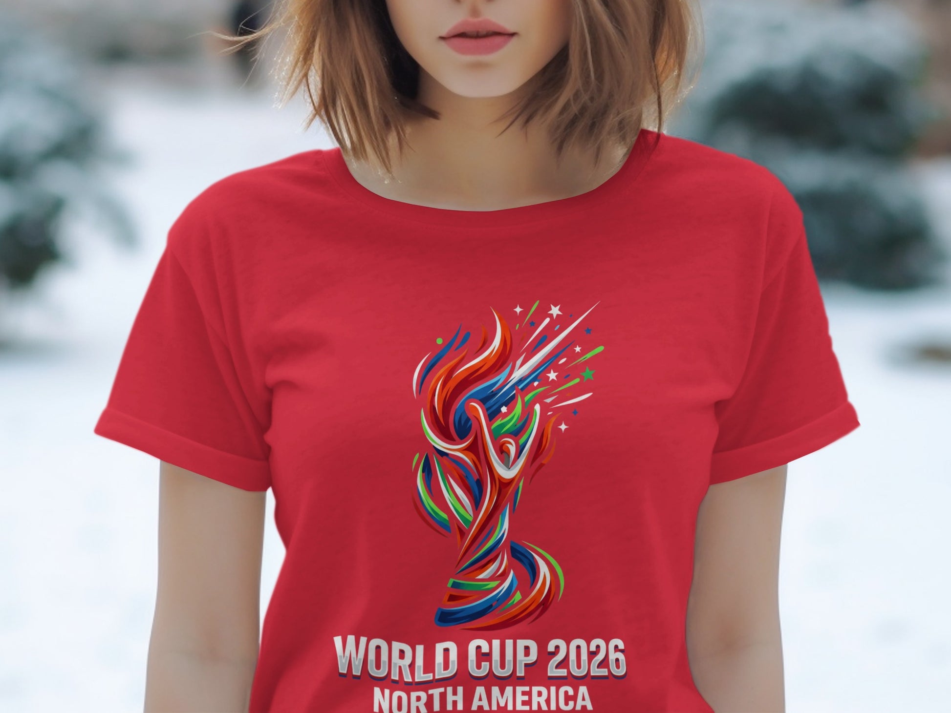 Red t-shirt with World Cup 2026 North America logo.