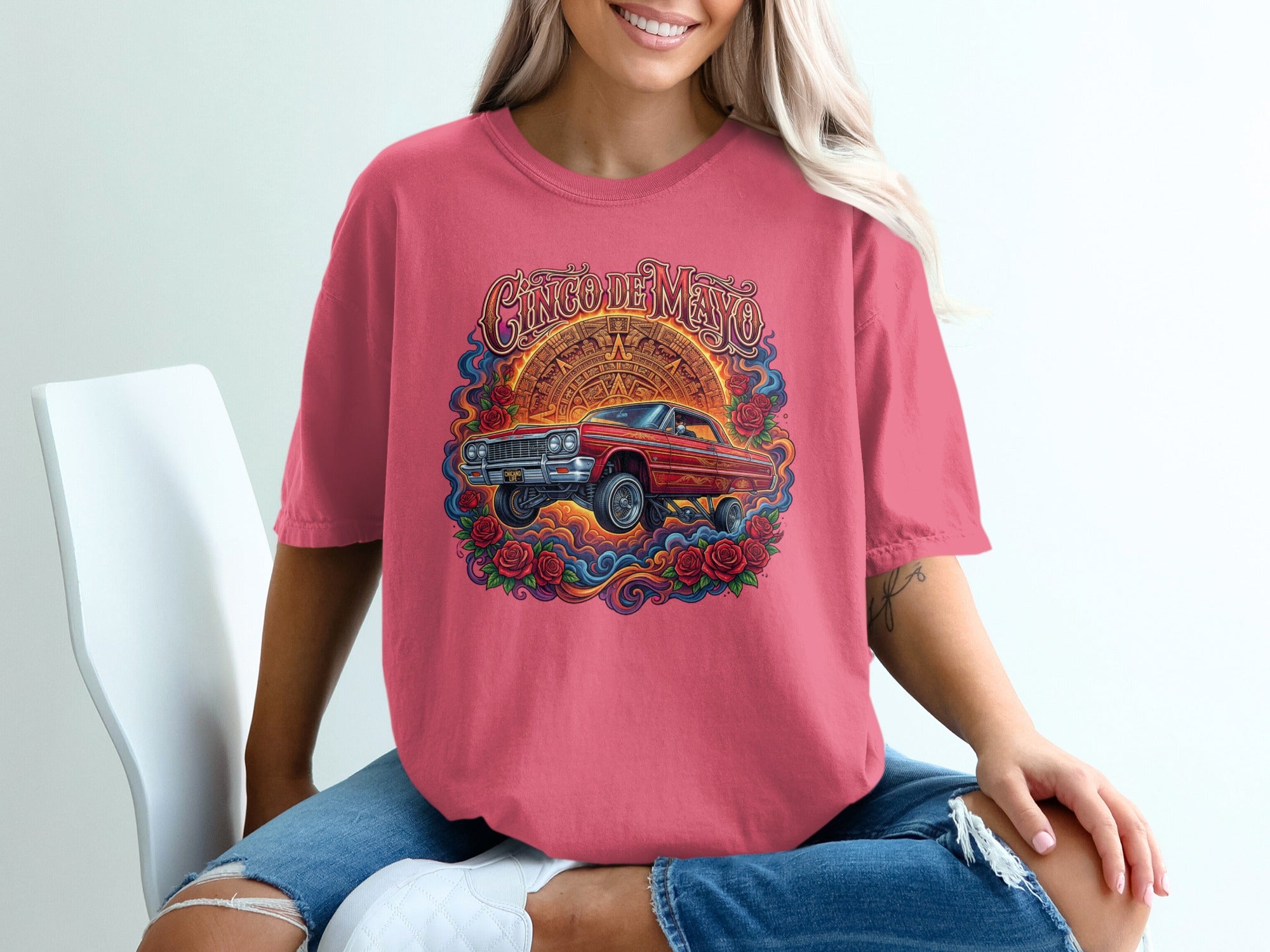 Cinco de Mayo graphic t-shirt with red lowrider and roses.