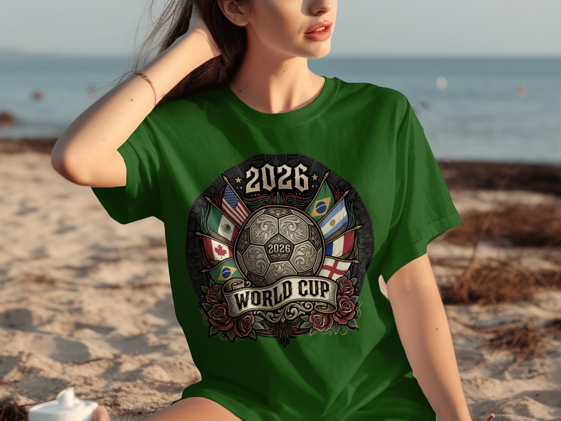Green t-shirt featuring 2026 World Cup emblem with flags and soccer ball.