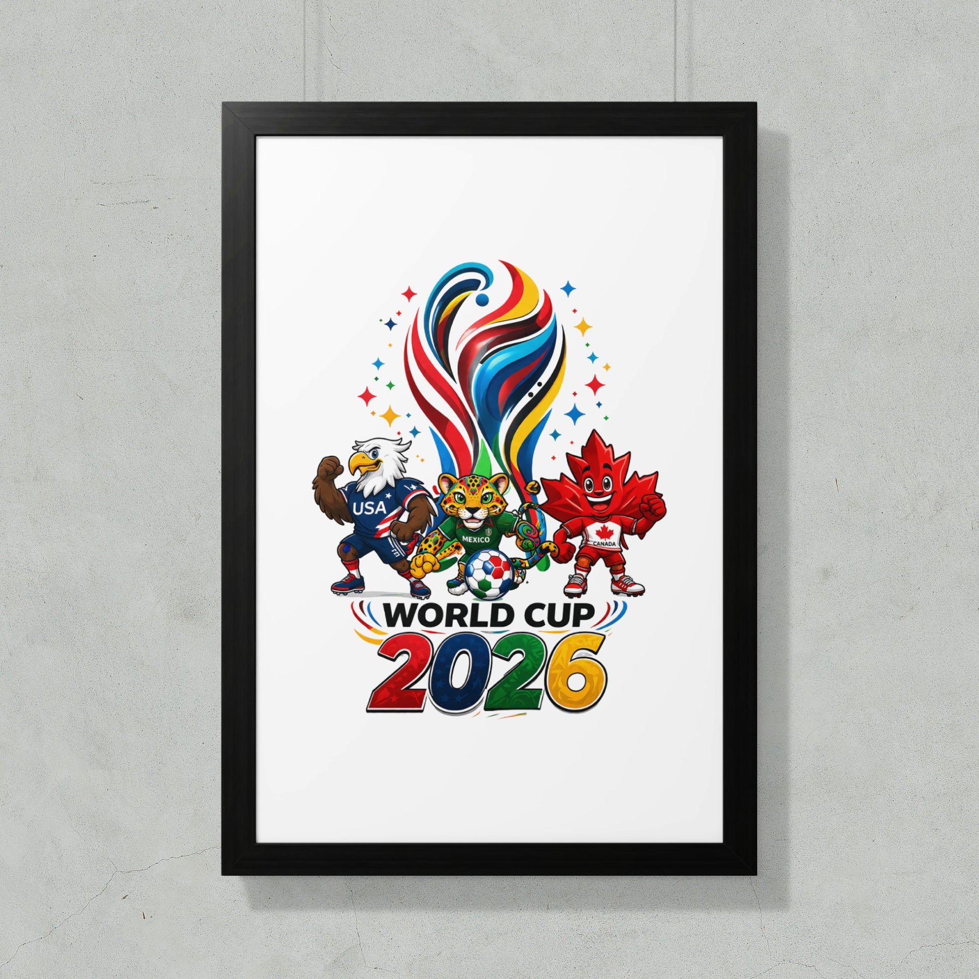 World Cup 2026 mascots: eagle, jaguar, and maple leaf celebrating.