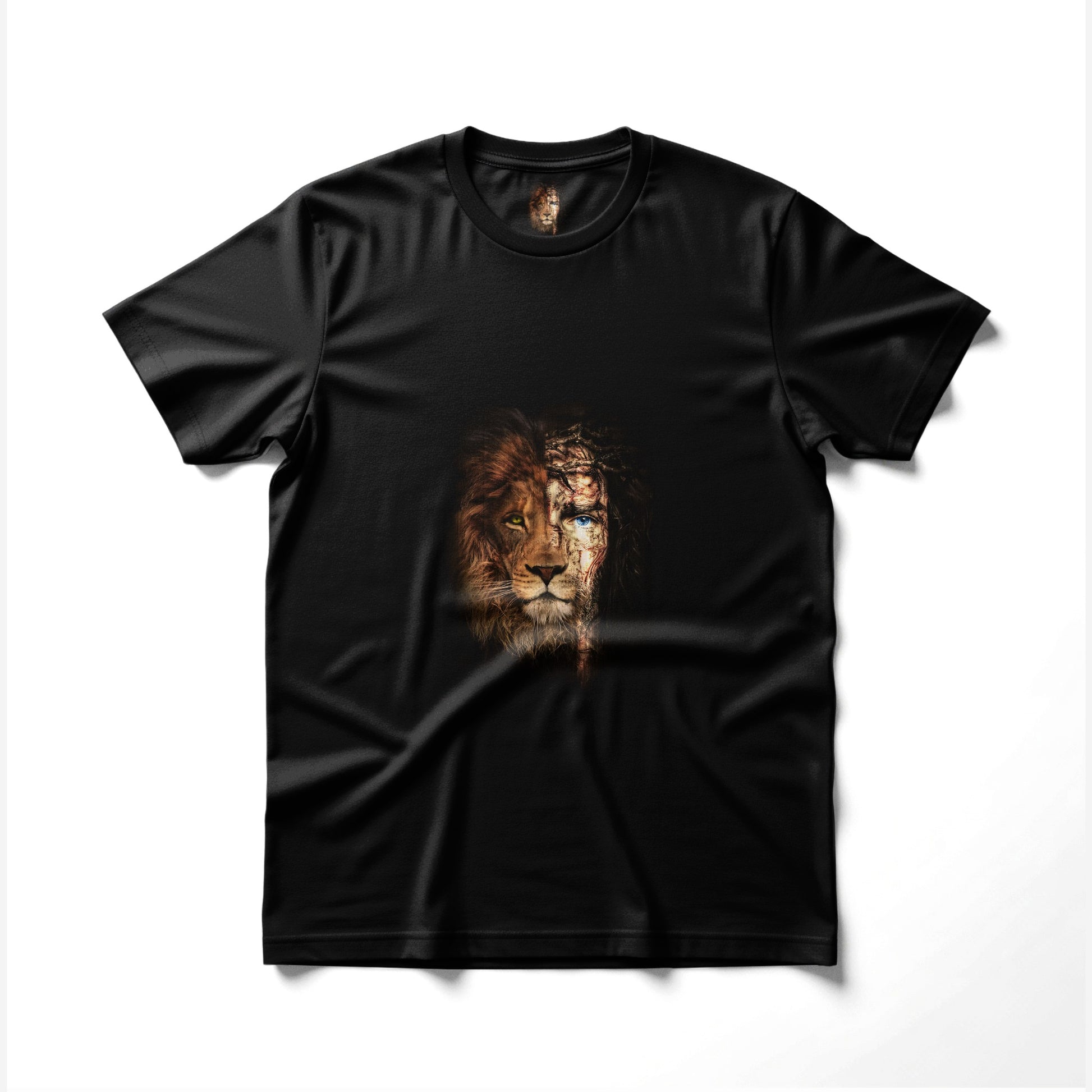 Black t-shirt with a split lion and robotic face graphic.
