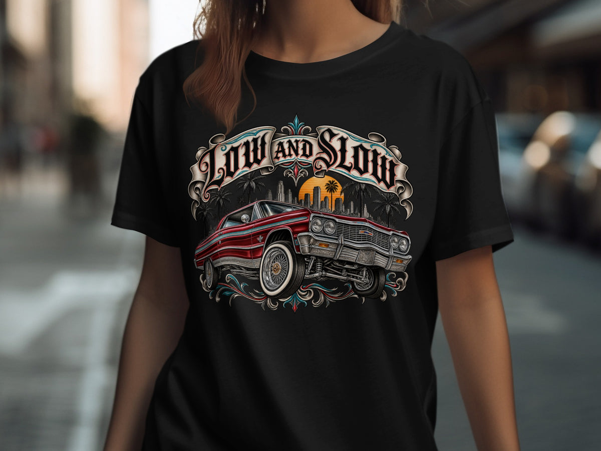 Black t-shirt with "Low and Slow" text above a red lowrider car.