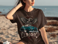 T-shirt with graphic of an eagle and a classic car with text 