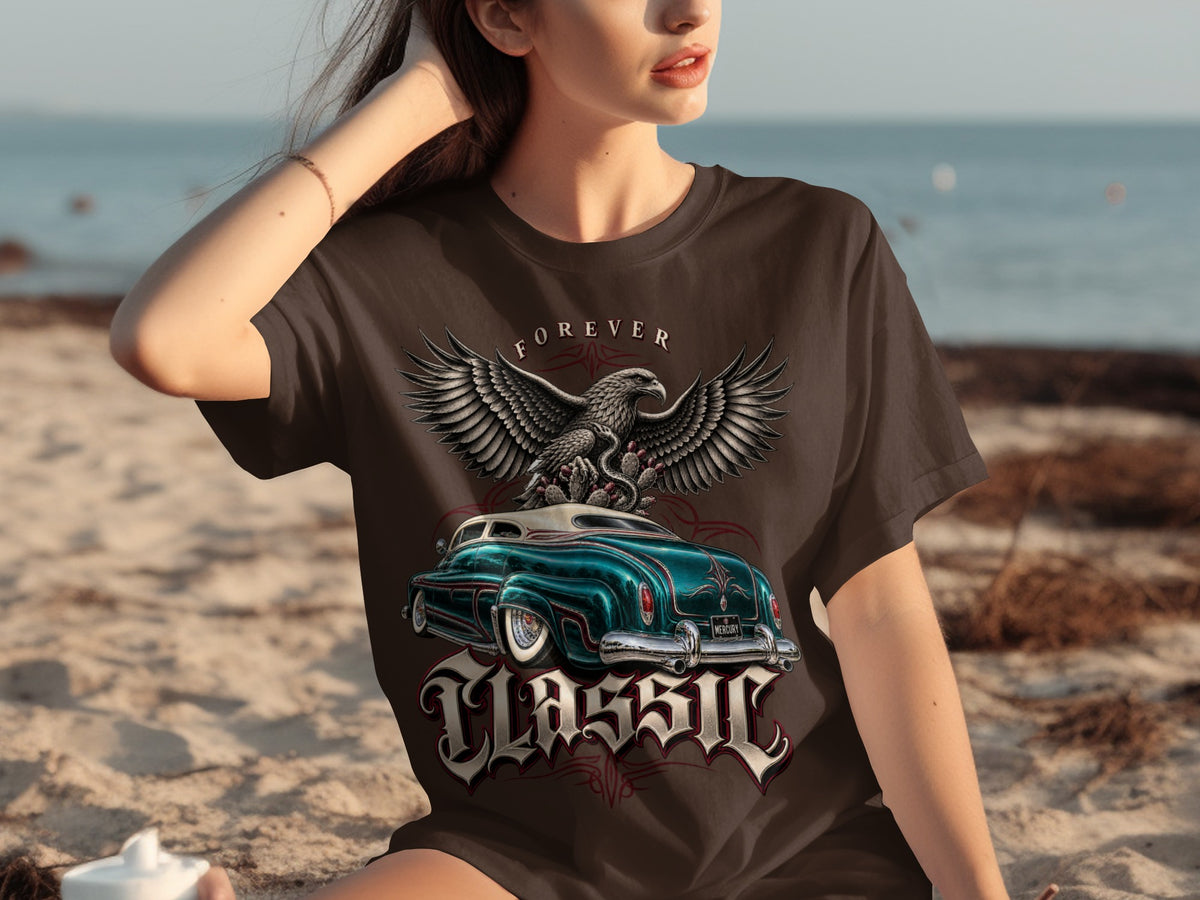 T-shirt with graphic of an eagle and a classic car with text "FOREVER CLASSIC".