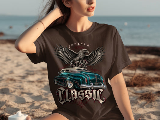 T-shirt with graphic of an eagle and a classic car with text "FOREVER CLASSIC".