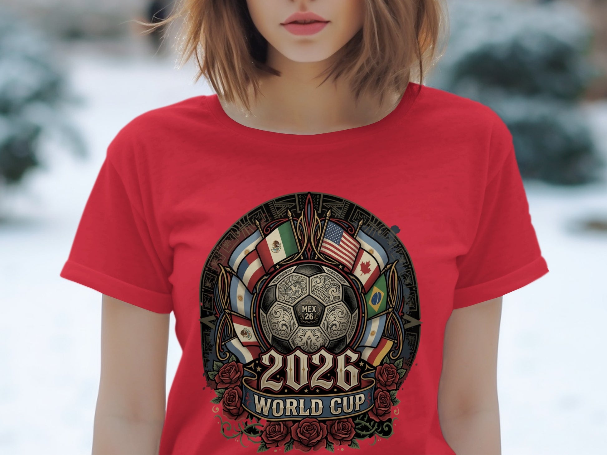 Red t-shirt with 2026 World Cup graphic featuring flags, soccer ball, and roses.