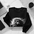 Black sweatshirt with a black and white graphic of Jesus on the cross.