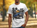 White t-shirt with graphic of a blue custom 1963 Impala lowrider car.