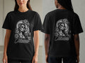 Black t-shirt with Chicana skull and roses design on front and back.