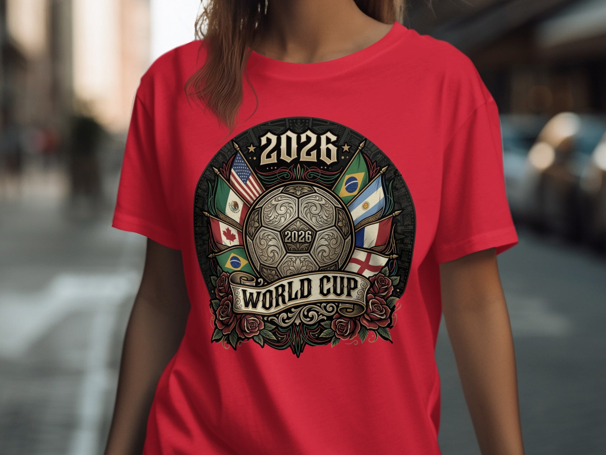 Soccer ball with 2026 World Cup text and flags on a red t-shirt.
