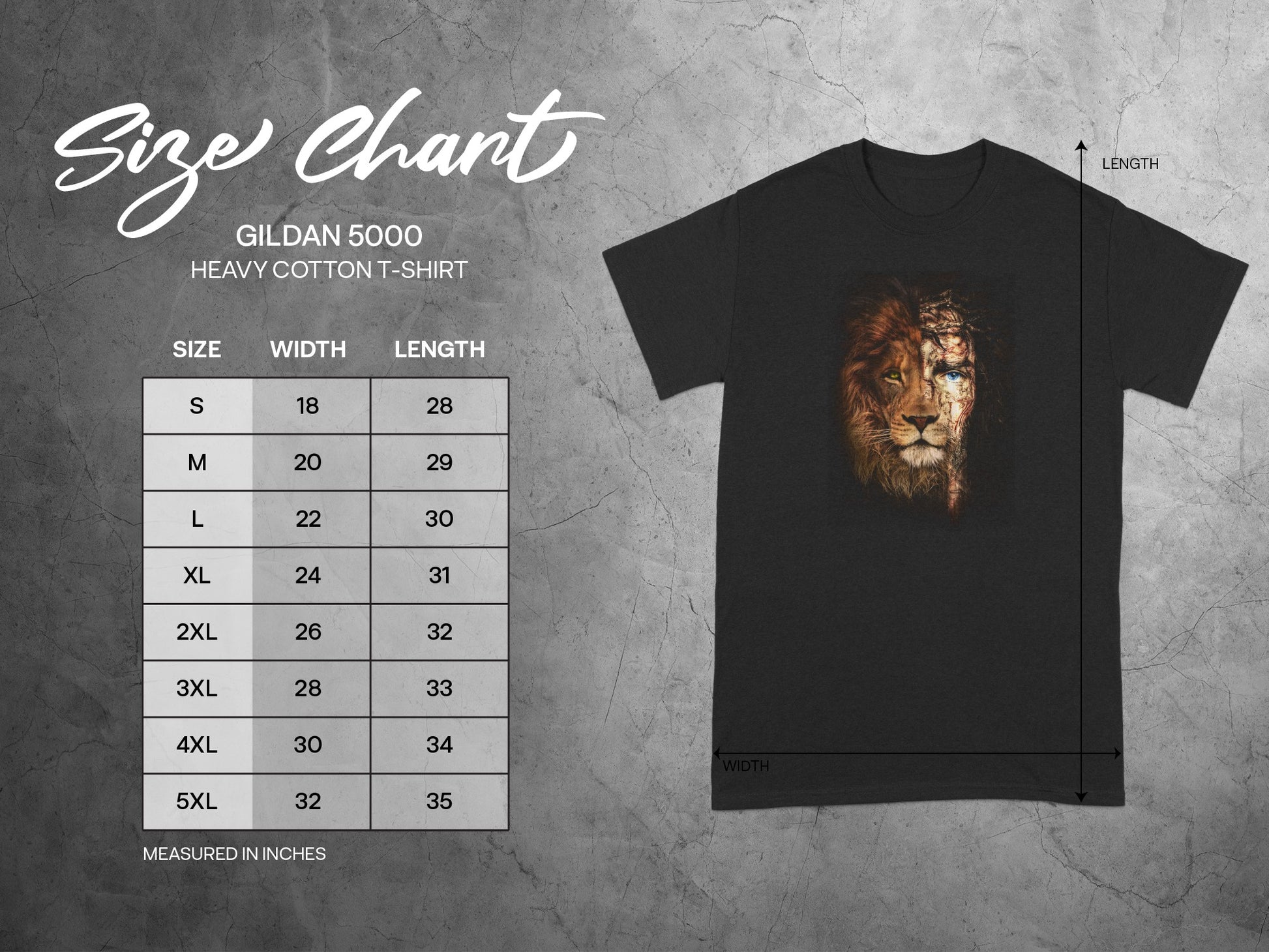 Gildan 5000 heavy cotton t-shirt size chart with measurements for S to 5XL.