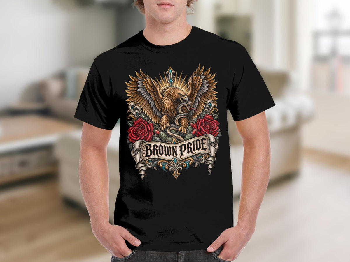 Black t-shirt with eagle, snake, roses, and banner text "BROWN PRIDE".