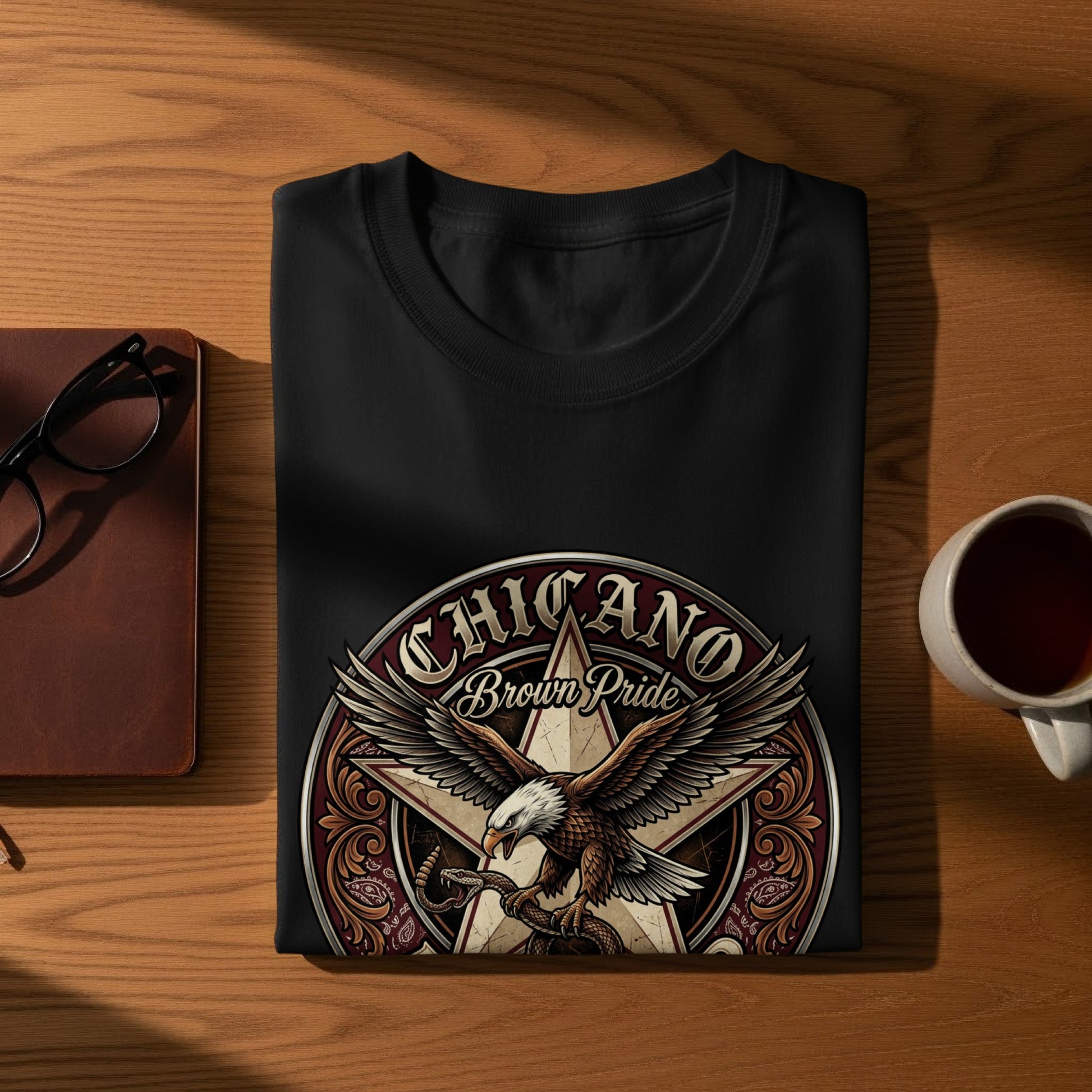 Black t-shirt with "Chicano Brown Pride" and eagle design.