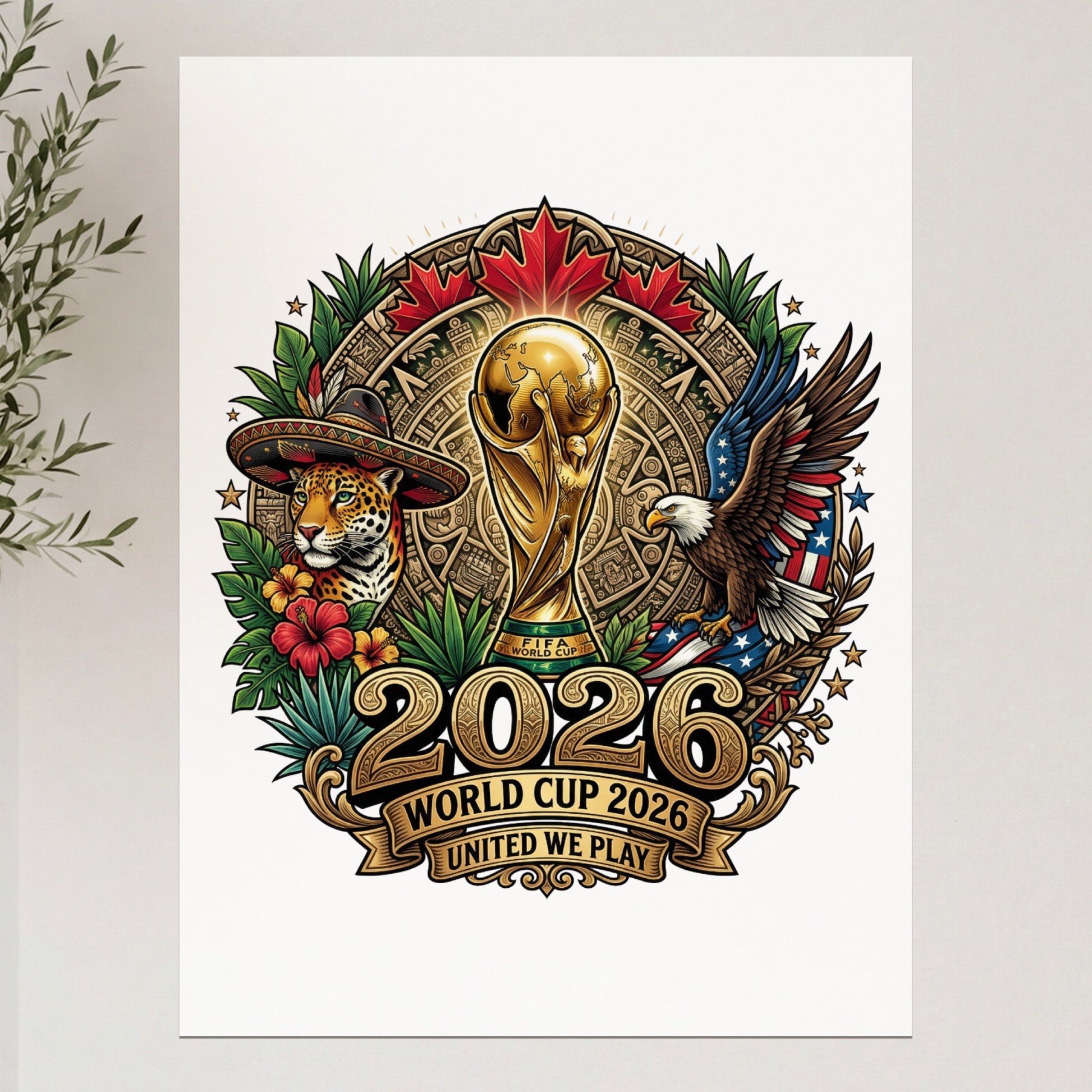 2026 World Cup logo with trophy, jaguar, eagle, and maple leaf.