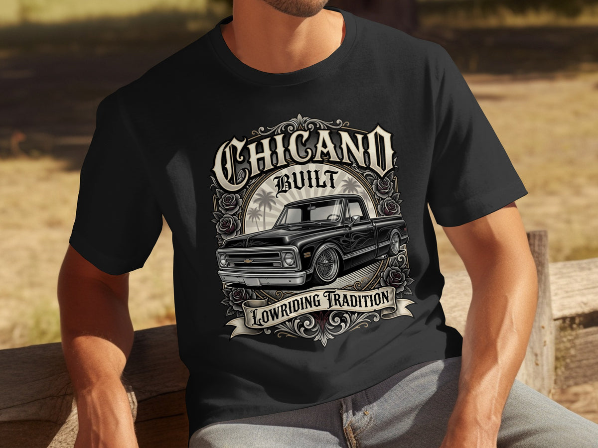 Black t-shirt with "CHICANO BUILT LOWRIDING TRADITION" and a classic truck design.