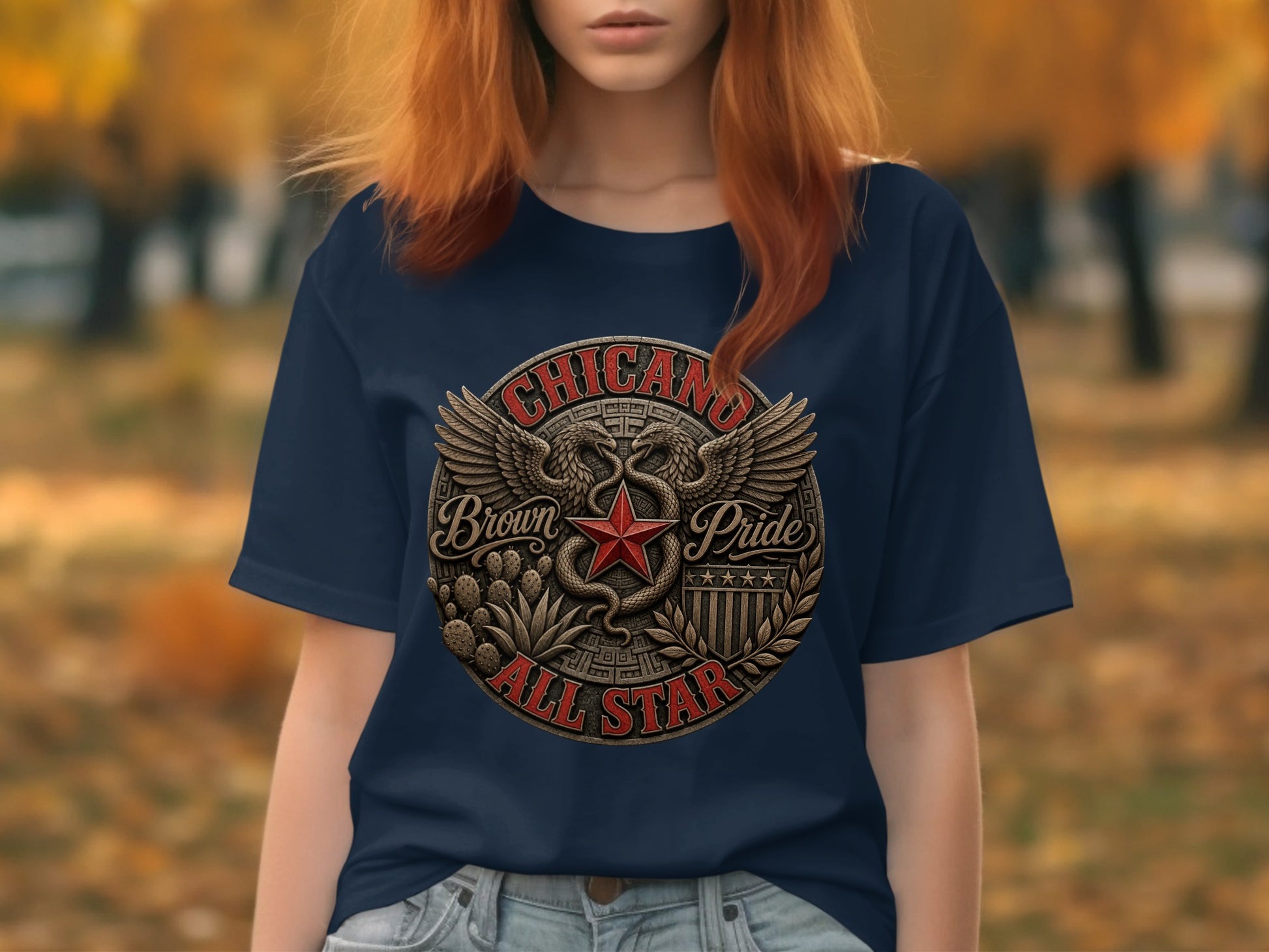 Navy t-shirt with "Chicano Pride All Star" logo and red star.