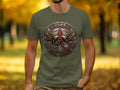 Chicano Brown Pride emblem with eagles, snake, and stars on a green t-shirt.
