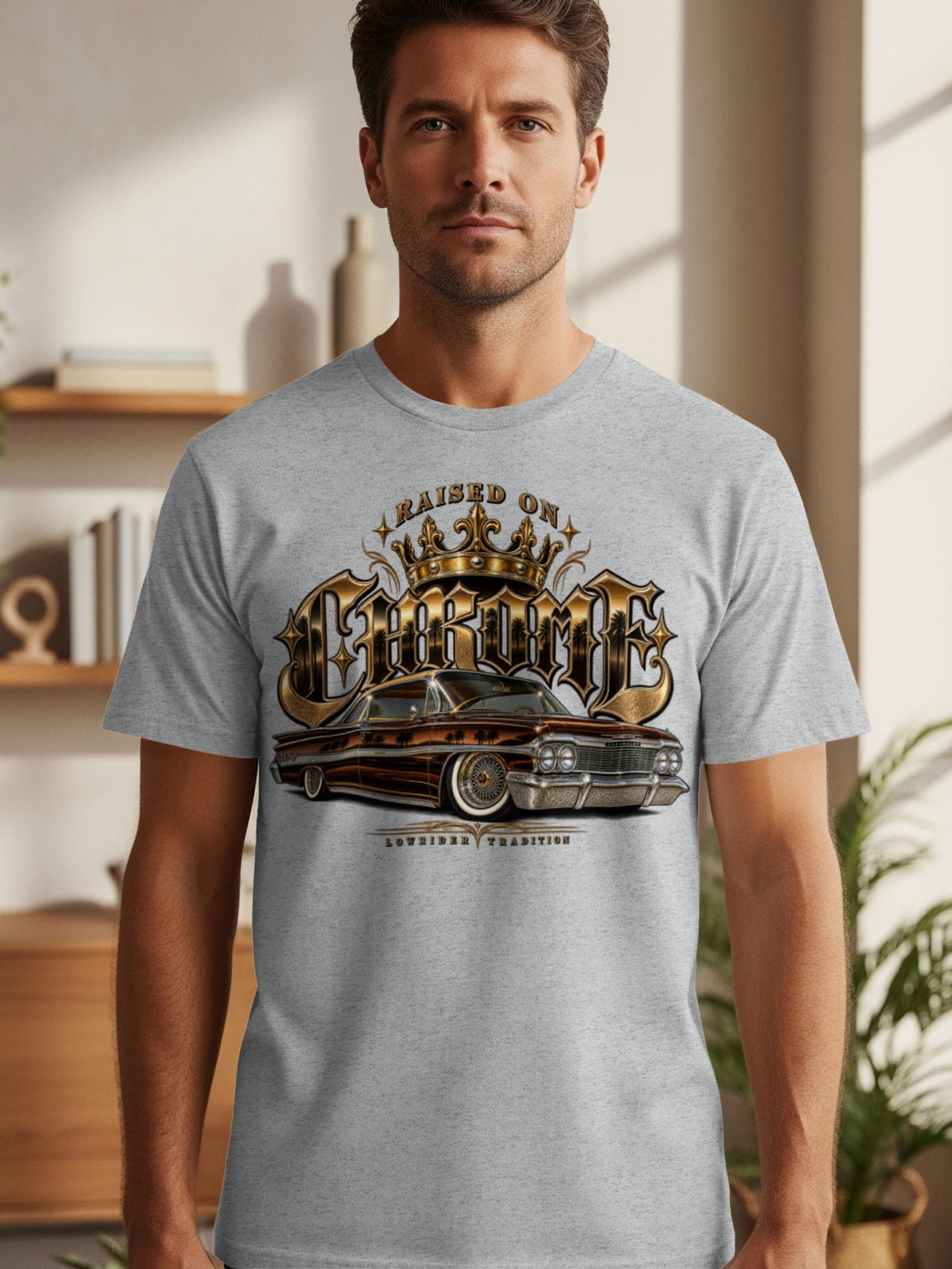 T-shirt graphic with a chrome lowrider car and gold ornate text "CROWN".