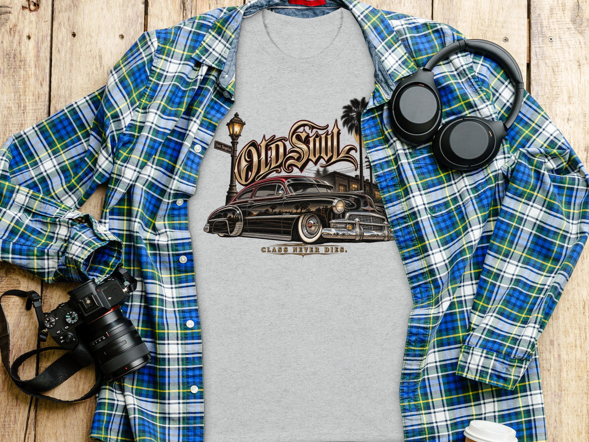 Grey t-shirt with "Old Soul" text and vintage car graphic.