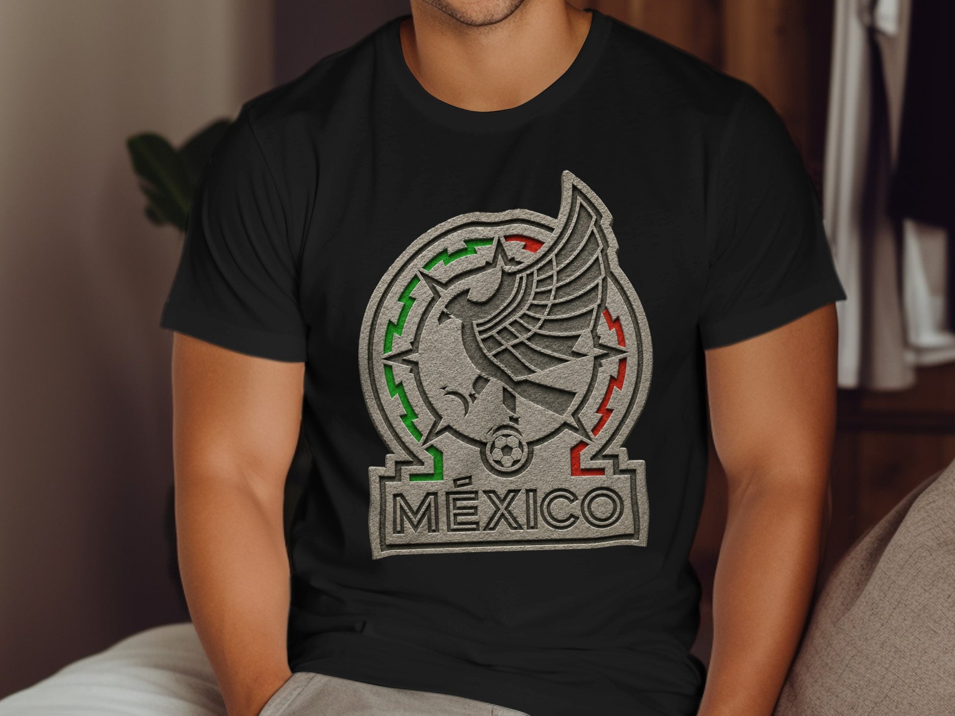 Black t-shirt with Mexico national football team logo featuring eagle and flag colors.
