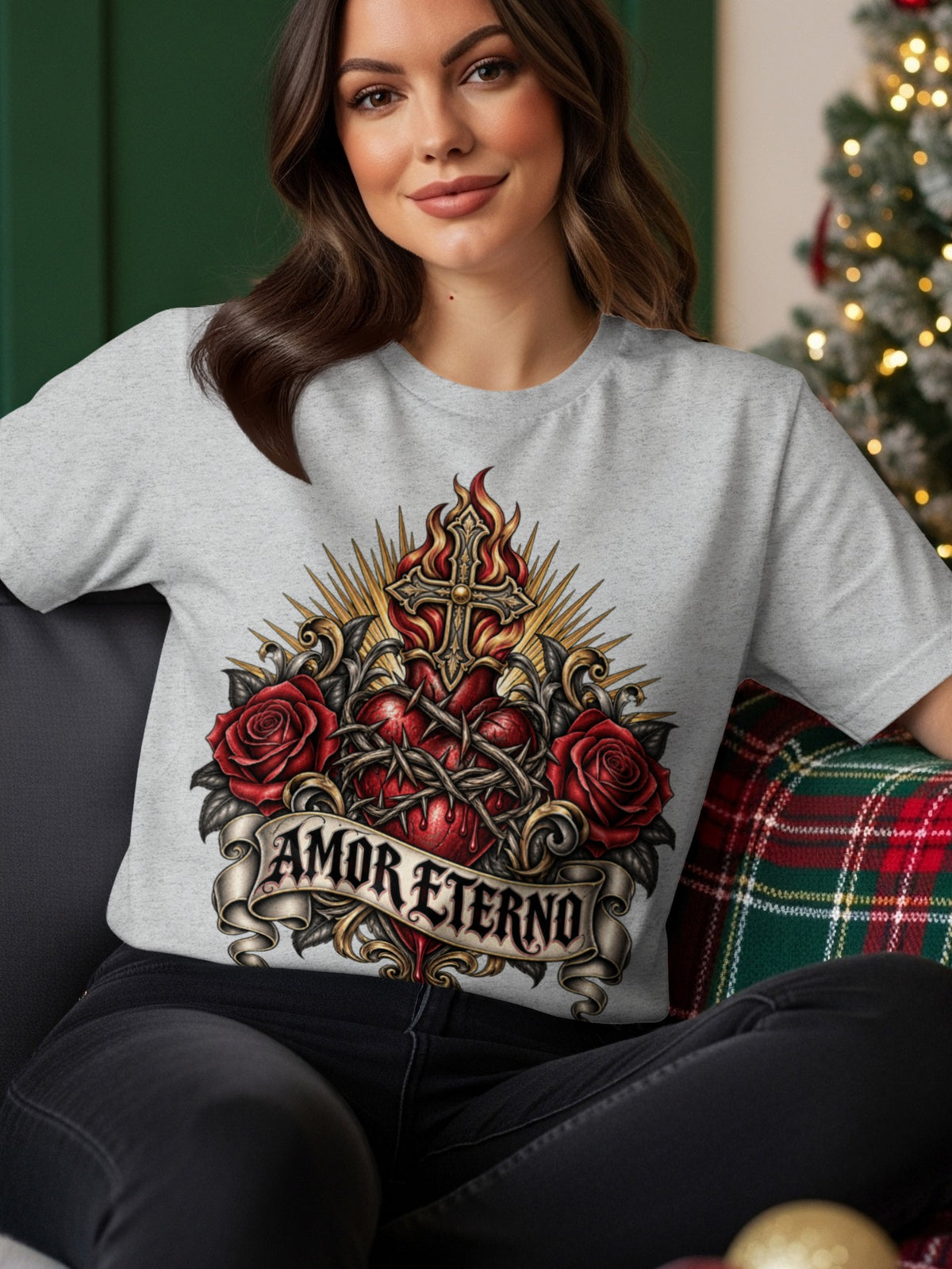 T-shirt with sacred heart, cross, roses, and "Amor Eterno" banner design.