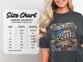 Size chart for Comfort Colors 1717 heavyweight adult tee with shield design.