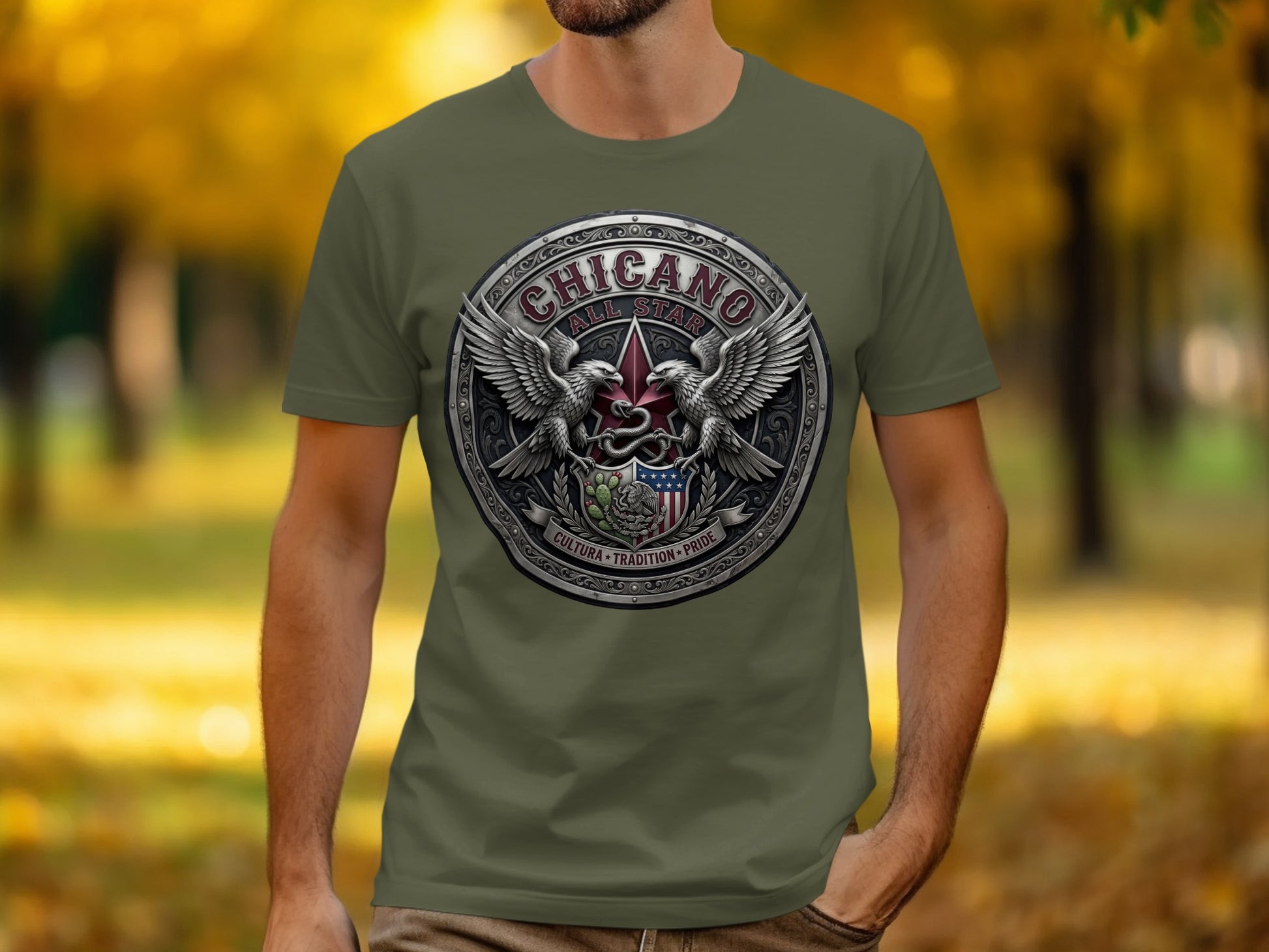 Chicano All Star emblem with eagles, shields, and "Cultura Tradition Pride" text.