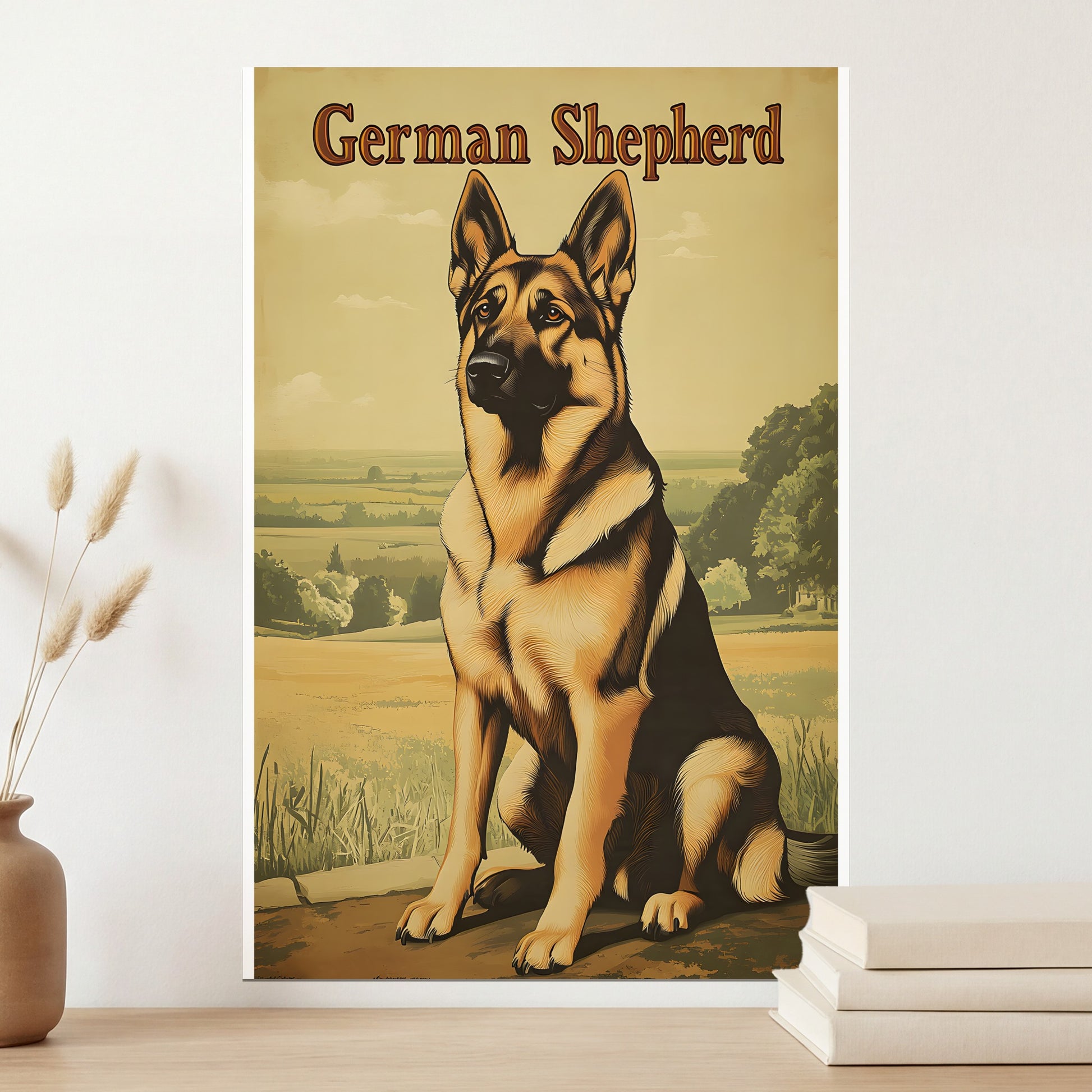 German Shepherd dog sitting in a field, with text "German Shepherd" above.