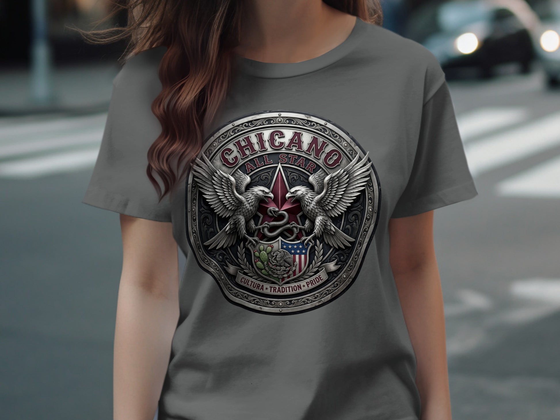 Gray t-shirt with Chicano All Star logo featuring eagles, snake, and Mexican flag.