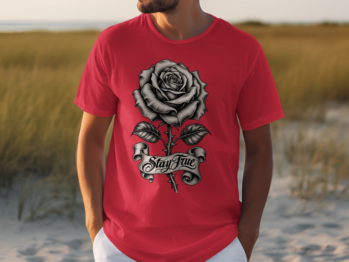 Red t-shirt with black rose graphic and "Stay True" banner.