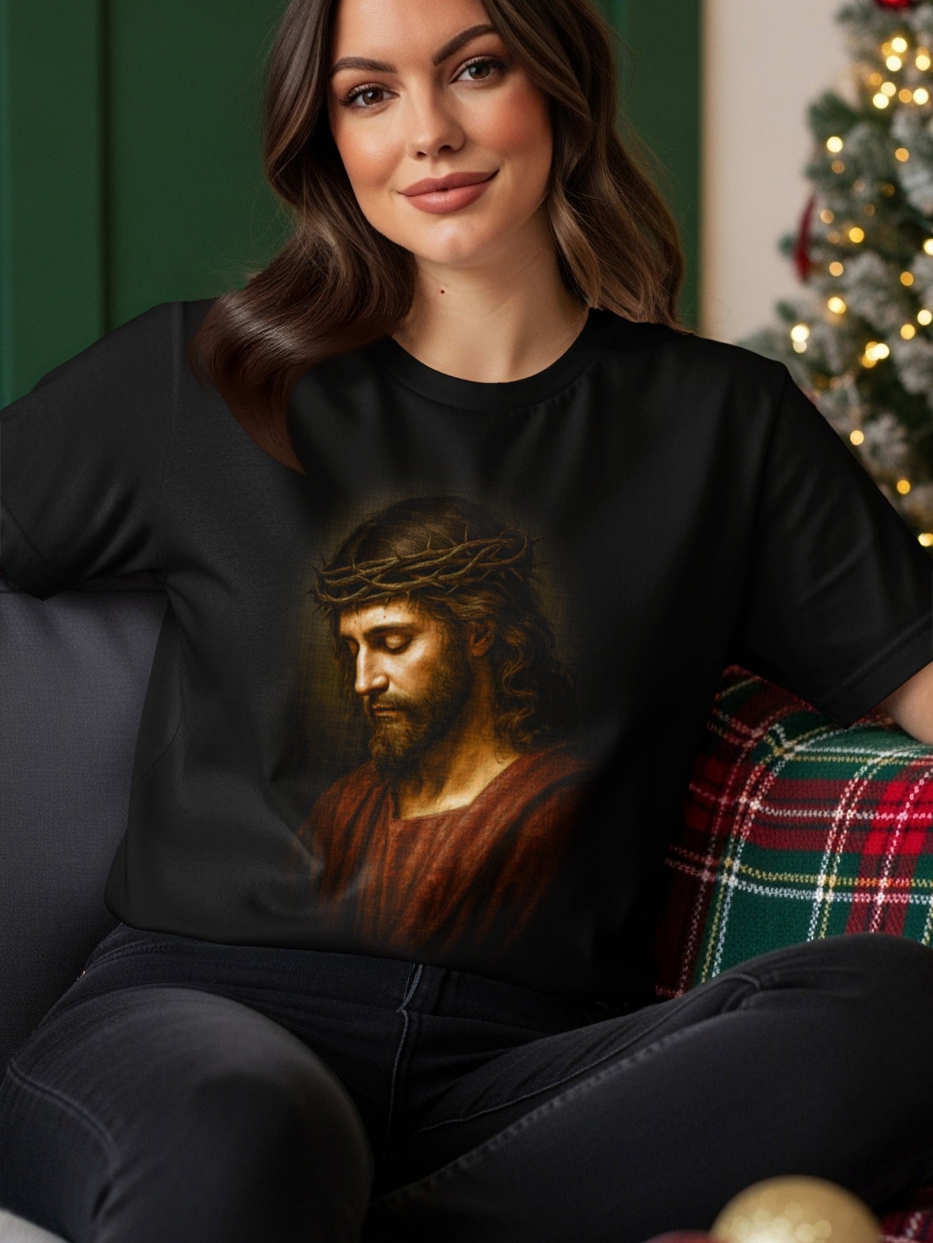 Jesus Christ wearing a crown of thorns on a black t-shirt.